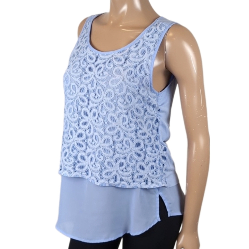 Alfred Sung Periwinkle Lace Sleeveless Top Floral Sheer Tunic Size Small